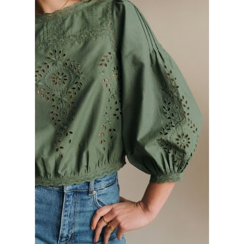 Sezane Enea Blouse Women's Top Eyelet Lace Embroidered Cotton Sage S-36 288882 - Picture 3 of 9